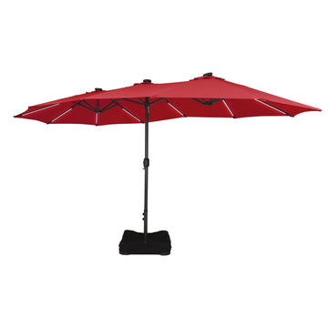 15 ft. Outdoor Rectangular Crank Market Umbrella Patio Umbrella in Beige with Solar Detachable Lights and Base£¬Red