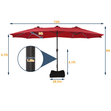 15 ft. Outdoor Rectangular Crank Market Umbrella Patio Umbrella in Red with Solar Detachable Lights and Base