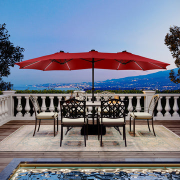 15 ft. Outdoor Rectangular Crank Market Umbrella Patio Umbrella in Beige with Solar Detachable Lights and Base£¬Red