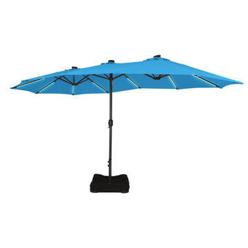 15 ft. Outdoor Rectangular Crank Market Umbrella Patio Umbrella in Beige with Solar Detachable Lights and Base£¬Turquoise