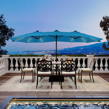 15 ft. Outdoor Rectangular Crank Market Umbrella Patio Umbrella in Beige with Solar Detachable Lights and Base£¬Turquoise