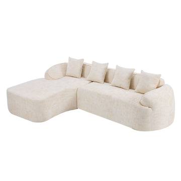 Chenille-L-Shaped-Compressed-Sofa.-High-Elastic-Sponge,-Curved-Armrests-And-Four-Throw-Pillows.