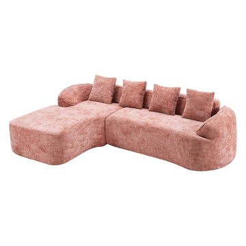 Chenille-L-Shaped-Compressed-Sofa.-High-Elastic-Sponge,-Curved-Armrests-And-Four-Throw-Pillows.