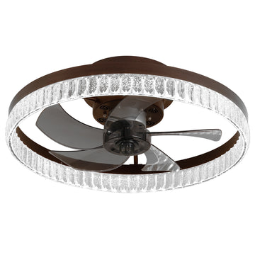 20" Brown Ceiling Fan with LED Light, Modern Flush Mount Fan Light  with Crystal Ring Design