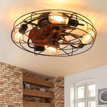 20" Caged Ceiling Fan With Light, Low Profile Ceiling Fan With Remote Control and 4x E26 Bulb