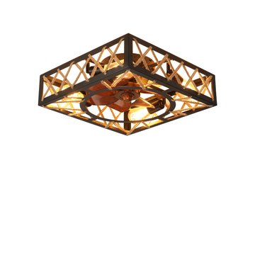 Farmhouse Rustic Ceiling Fan, Square Caged Industrial Ceiling Fixture with 6 Speeds