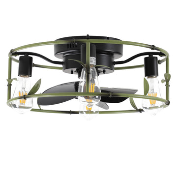 19" Industrial Ceiling Fan with 3-Light, Flush Mount Caged Ceiling Fan with Remote