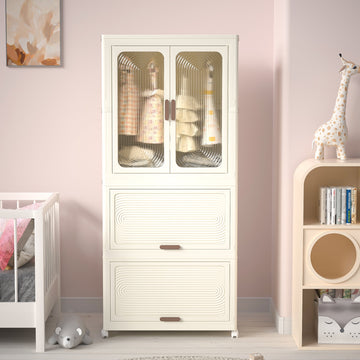 Portable Wardrobe Closet Storage Organizer,Clothes Dresser,Magnetic Doors with 4 Cubes & Hanging Rod