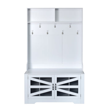 Clihome-43.3¡±-Entryway-Bench-with-Coat-Rack,-3-in-1-Design-and-Adjustable-Shelves,-Hall-Tree-with-7-Hooks-for-Entrance,-Living-Room