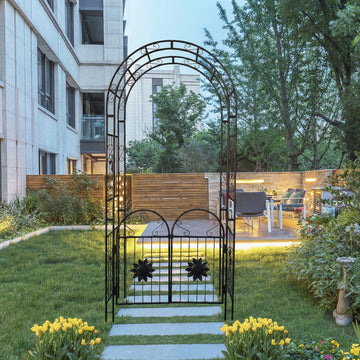 Outdoor Metal Garden Arch  with doors Garden Arbor Trellis Climbing Plants Support Arch