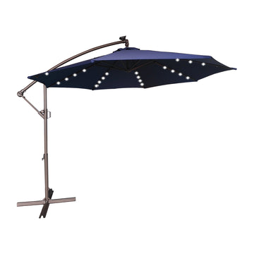 11FT Solar Offset Umbrella with 32 LED Lights Cantilever Hanging Outdoor Umbrellas Handy Crank & Cross Base for Lawn/Deck/Backyard/Pool£¬Navy