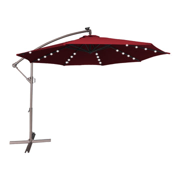 11FT Solar Offset Umbrella with 32 LED Lights Cantilever Hanging Outdoor Umbrellas Handy Crank & Cross Base for Lawn/Deck/Backyard/Pool£¬Red
