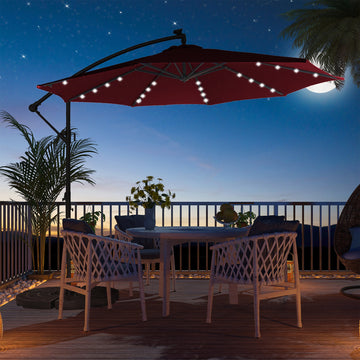 11FT Solar Offset Umbrella with 32 LED Lights Cantilever Hanging Outdoor Umbrellas Handy Crank & Cross Base for Lawn/Deck/Backyard/Pool£¬Red