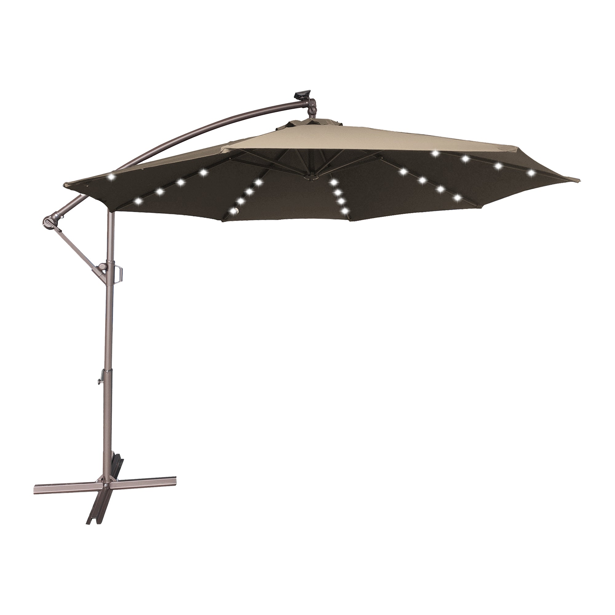 11FT Solar Offset Umbrella with 32 LED Lights Cantilever Hanging Outdoor Umbrellas Handy Crank & Cross Base for Lawn/Deck/Backyard/Pool,Tan