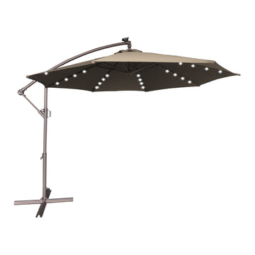 11FT Solar Offset Umbrella with 32 LED Lights Cantilever Hanging Outdoor Umbrellas Handy Crank & Cross Base for Lawn/Deck/Backyard/Pool,Tan