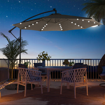 11FT Solar Offset Umbrella with 32 LED Lights Cantilever Hanging Outdoor Umbrellas Handy Crank & Cross Base for Lawn/Deck/Backyard/Pool,Tan