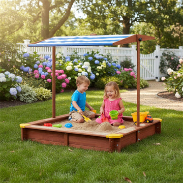 Kids Sandbox with Cover, 46" Wooden Sand Box w/Adjustable Canopy, Large Outdoor Cedar Sandpit