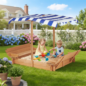 46'' Wooden Sand Box with 2 Foldable Bench Seats, Kids Sandbox with Adjustable Cover