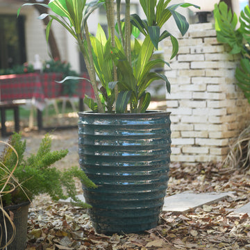 Large 17-Inch Green Ceramic Planter Pot - Handmade with Ice-Crack & Ripple Texture for Monstera, Fiddle Leaf Fig