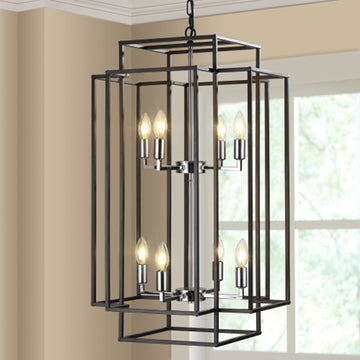 18" Industrial Metal Frame 8-Light Geometric Pendant Chandelier,  Adjustable Hanging Light