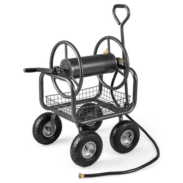 300FT Large Capacity Garden Hose Reel Cart with 4 Wheels and Storage Basket
