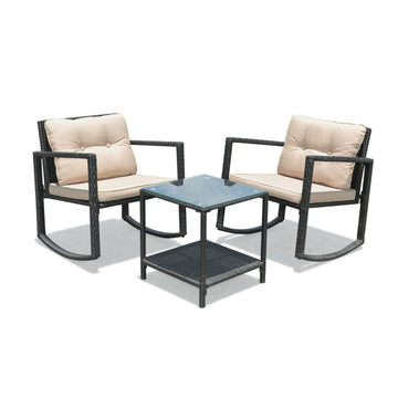 3 Pieces Patio Rattan Furniture Set with Rocking Chairs & Table