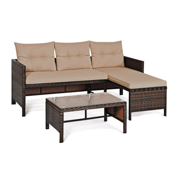 3 Pieces Outdoor Patio Corner Rattan Sofa Set with Table