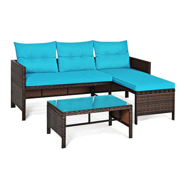 3 Pieces Outdoor Patio Corner Rattan Sofa Set with Table