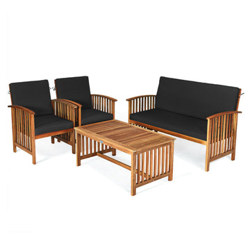 4 Pieces Patio Solid Wood Furniture Set with Water Resistant Cushions
