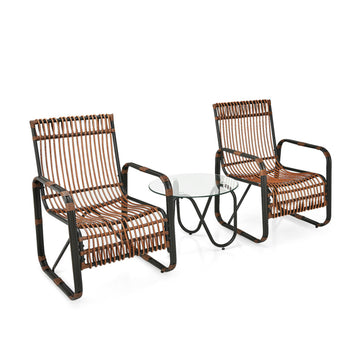 3 Pieces Patio Rattan Furniture Set with 2 Wicker Chairs & Glass Side Table
