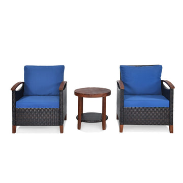3 Pieces Patio Wicker Set with Washable Cushion & Acacia Wood Table