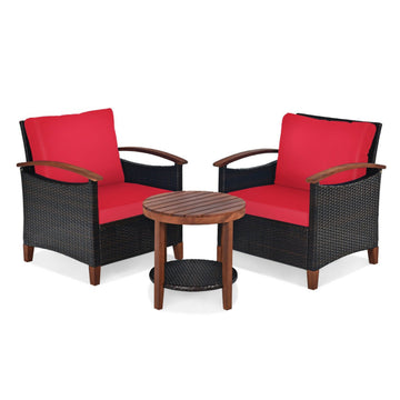 3 Pieces Patio Wicker Set with Washable Cushion & Acacia Wood Table