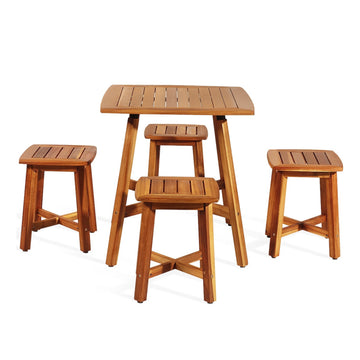 5 Pieces Wood Patio Dining Set with Square Table & 4 Stools