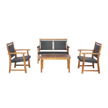 4 Pieces Outdoor Patio Rattan Furniture Set with Acacia Wood Frame