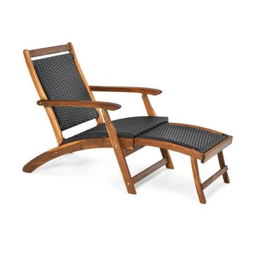 Patio Rattan Folding Lounge Chair Acacia Wood Frame with Retractable Footrest