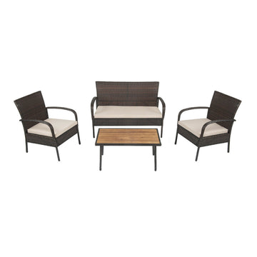 4 Pieces Patio Cushioned Wicker Set with Acacia Wood Tabletop