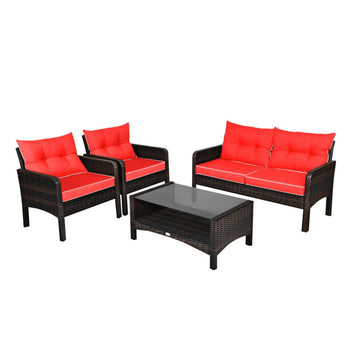 4 Pieces Patio Rattan Sofa Set Free-Combination with Cushion & Coffee Table