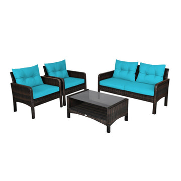 4 Pieces Patio Rattan Sofa Set Free-Combination with Cushion & Coffee Table