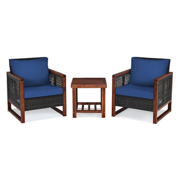 3 Pieces Acacia Wood Patio Furniture Set with Coffee Table & Cushions