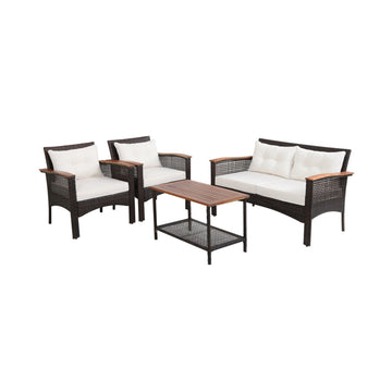 4 Pieces Patio Rattan Acacia Wood Furniture Set with Cushions & Armrest