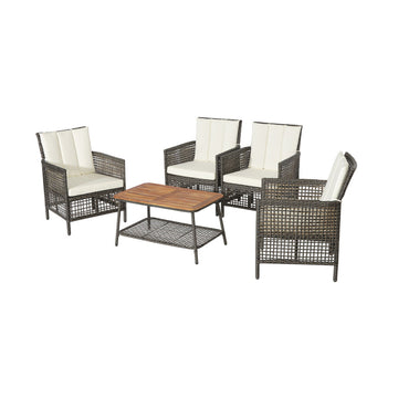 5 Pieces Patio Rattan Furniture Set Cushioned Sofa Wooden Tabletop