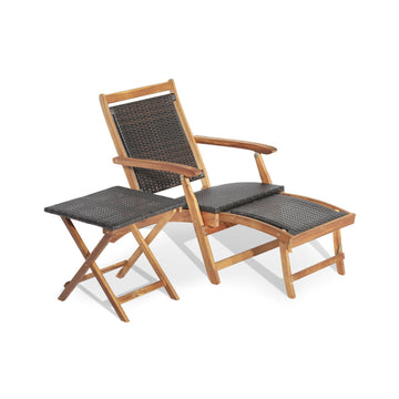 2 Pieces Patio Rattan Folding Lounge Chair with Acacia Wood Table