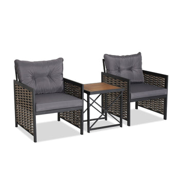 3 Pieces Patio Rattan Furniture Set with Acacia Wood Tabletop & Metal Frame