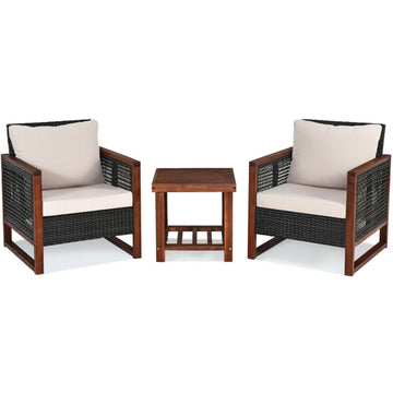 3 Pieces Acacia Wood Patio Furniture Set with Coffee Table & Cushions