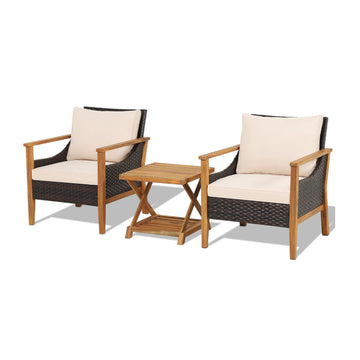 3 Pieces Patio Wicker Furniture Set with 2-Tier Side Table & Cushioned Chairs
