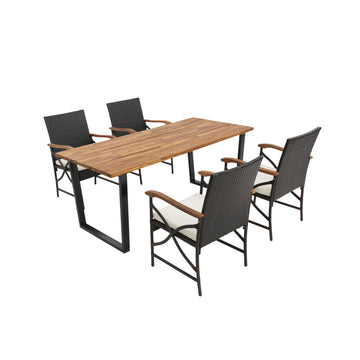 5 Pieces Patio Rattan Dining Set with Acacia Wood Table & Armrests