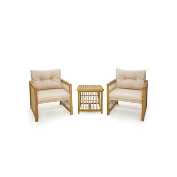 3 Pieces Patio PE Wicker Set Acacia Wood Frame with Cushions