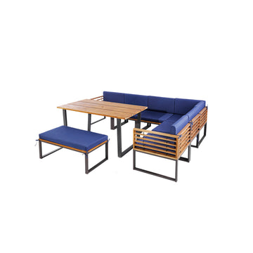 8 Pieces Patio Acacia Wood Dining Set with Ottoman Cushions