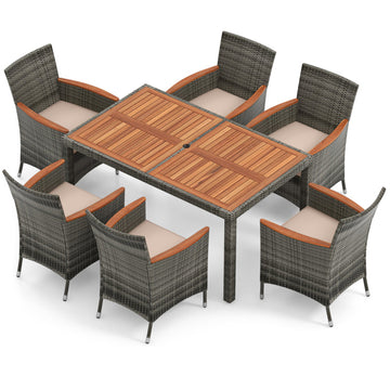 7 Pieces Patio Acacia Wood PE Rattan Dining Set with Cushions