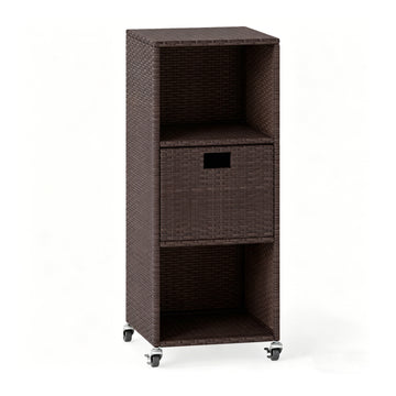 PE Rattan Outdoor Storage Cabinet with Drawer and Rolling Wheels